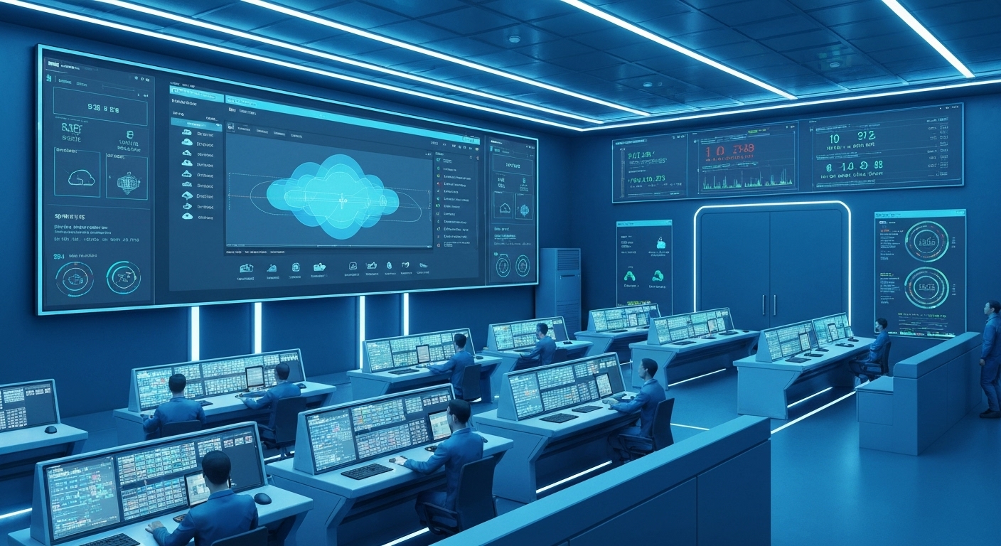 한국 클라우드 데이터센터의 지능형 전력관리 및 워크로드 자동화 시스템 제어실, 고화질 실사 이미지