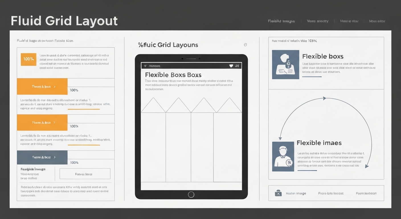 웹 디자인에서 유동형 그리드와 유연한 이미지 개념을 나타낸 그림