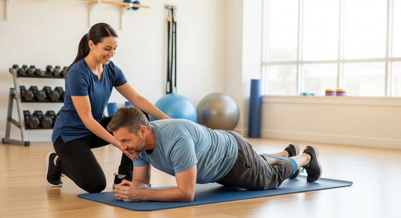 밝은 재활 치료실에서 물리치료사의 지도에 따라 코어 강화 운동을 하는 환자