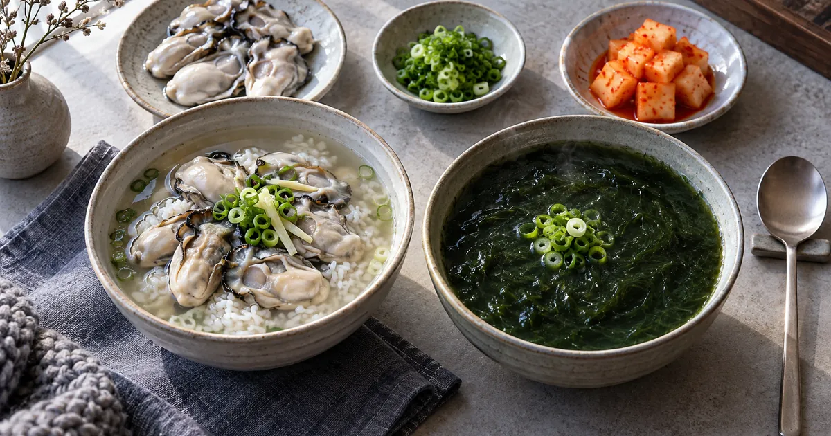 맑은 굴국밥과 초록빛 매생이국을 나란히 놓고 재료와 국물 질감을 비교한 겨울 점심 상차림
