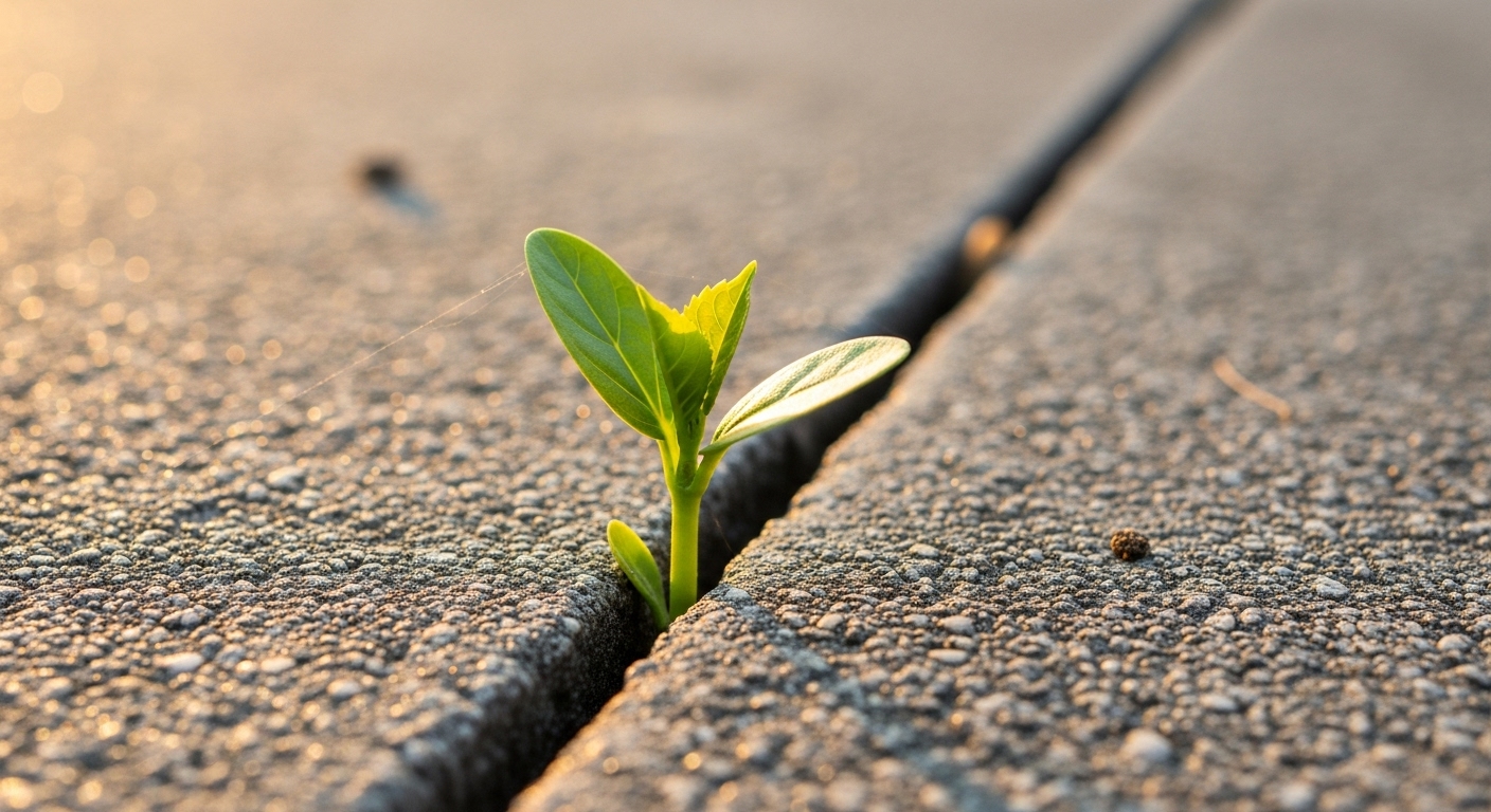 회색 콘크리트 틈을 뚫고 싹을 틔운 녹색 새싹, 환경 단체의 성과와 어려움을 상징