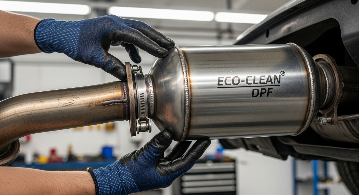 자동차 정비소에서 정비사가 낡은 경유차의 배기 시스템에 새 매연저감장치(DPF)를 장착하고 있는 모습의 클로즈업 사진
