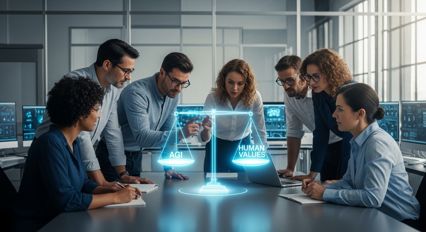 인류와 AGI의 미래를 위해 과학자들과 윤리학자들이 협력하는 모습. 홀로그램으로 안전과 윤리의 균형을 상징하는 저울을 띄워놓고 있다.