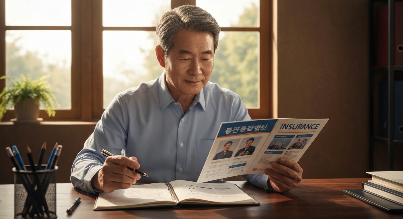 책상에 앉아 보험 서류를 꼼꼼히 비교하며 체크리스트를 작성하는 모습