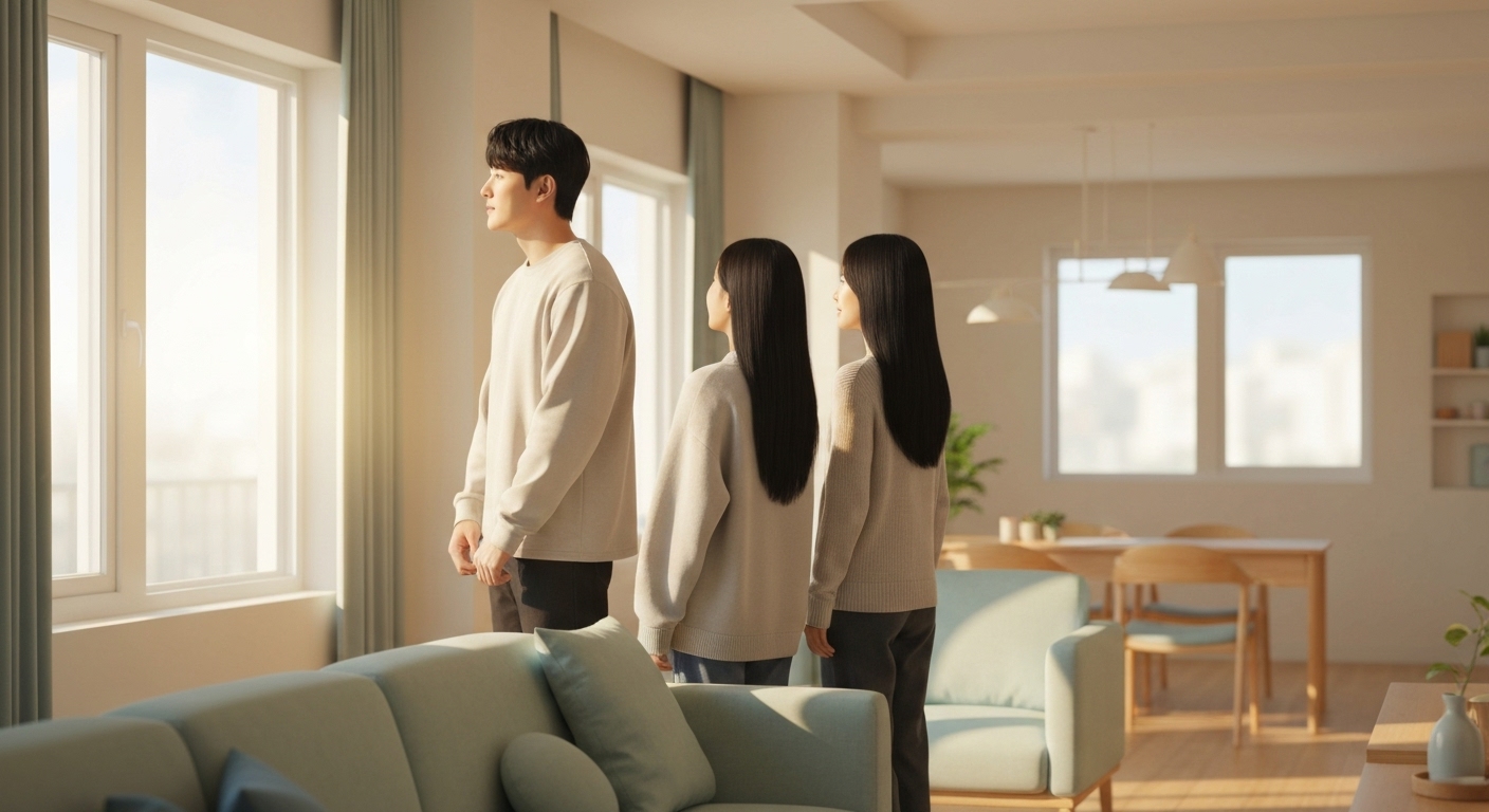 새로 이사한 집 거실의 큰 창가에 서서 함께 바깥 풍경을 바라보며 행복한 미래를 꿈꾸는 신혼부부의 뒷모습