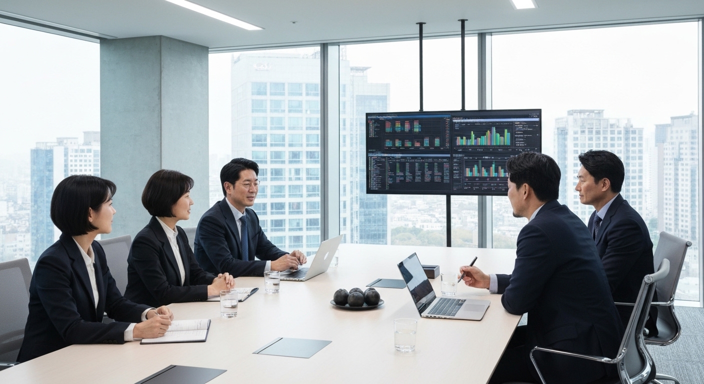 실시간 데이터를 분석하며 신속한 의사결정을 하는 한국 기업 임원들의 회의실 모습