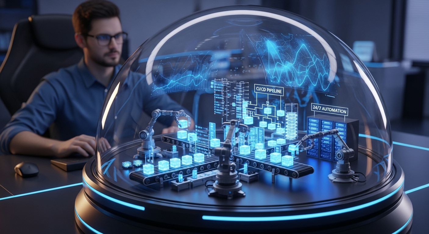 개발자가 서버를 활용하여 24시간 작동하는 자동화 파이프라인을 구축하는 모습