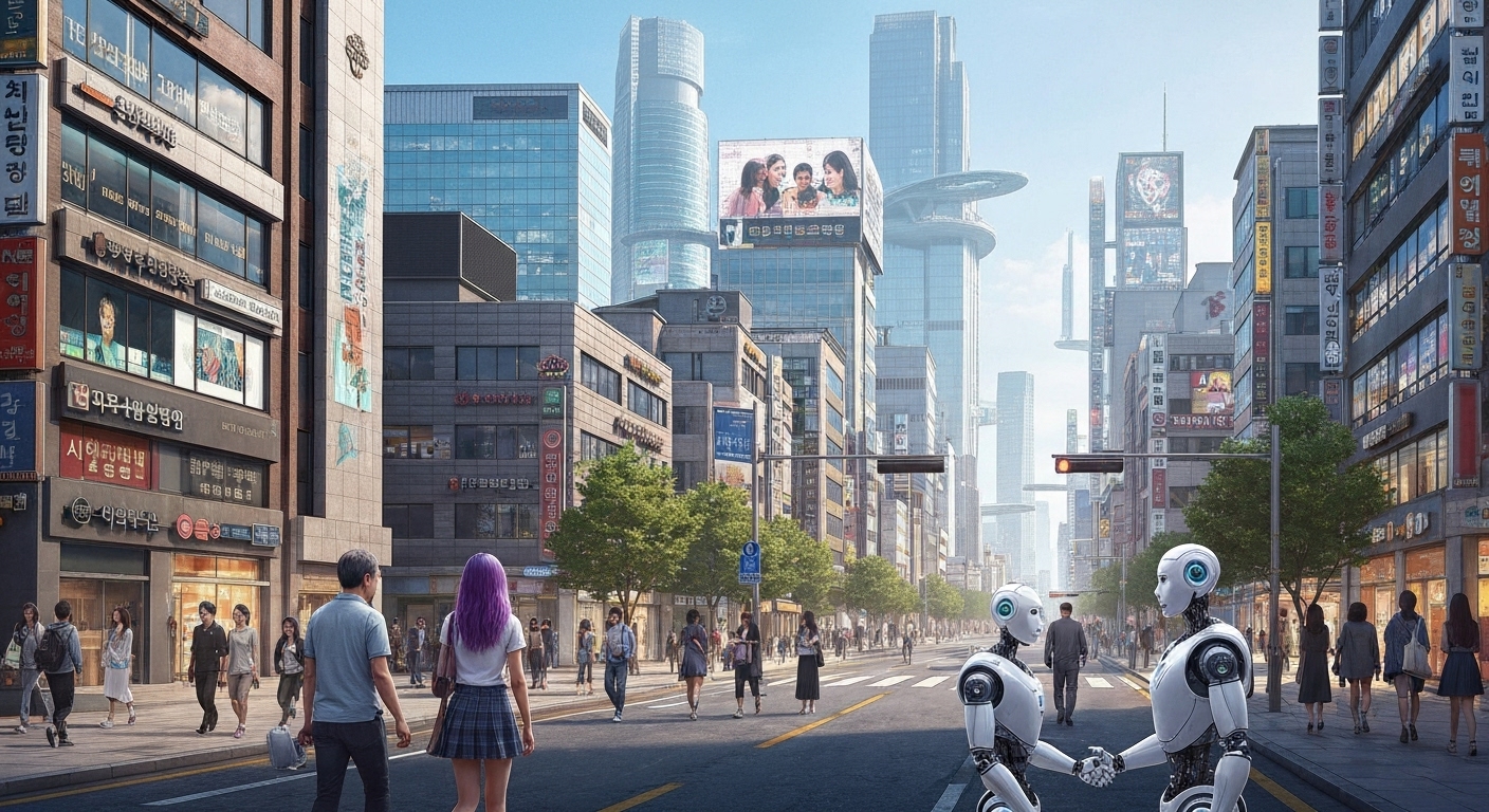 한국에서 인간 중심의 AGI 윤리를 상징하는 AGI 로봇과 사람들이 조화롭게 어우러진 미래 도시 풍경