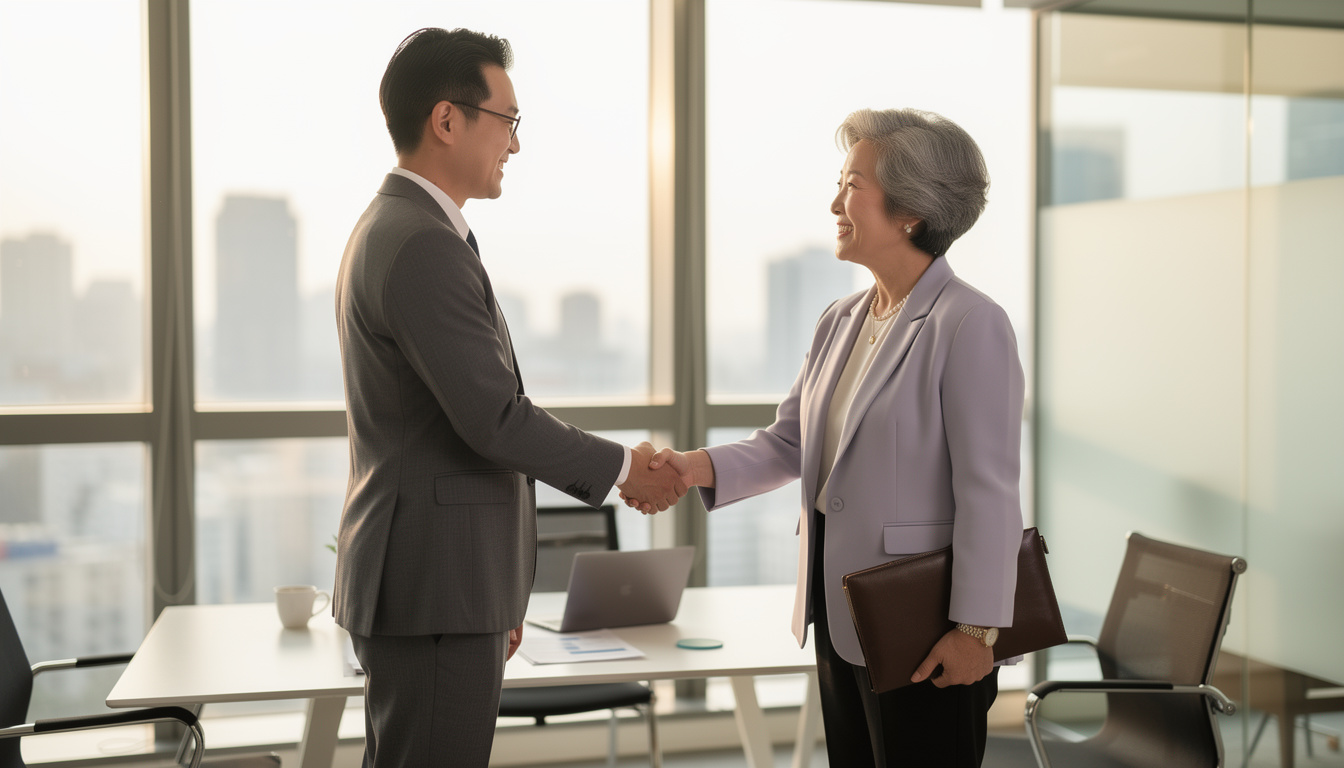 서울의 현대적인 사무실에서 젊은 채용 담당자와 성공적으로 악수하는 한국 시니어 여성