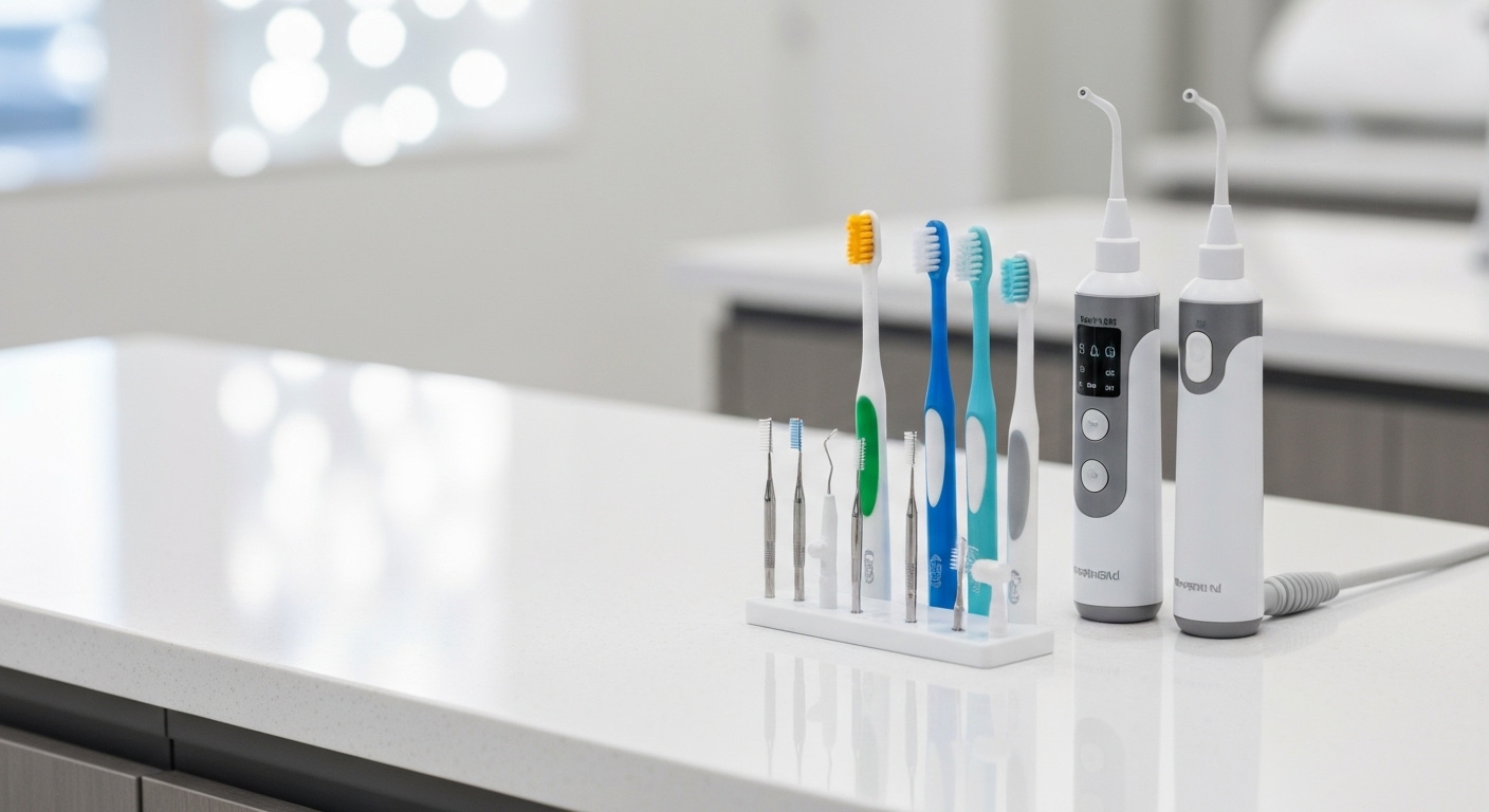 임플란트 전용 칫솔, 치간칫솔, 구강세정기 등이 깨끗하게 정리된 한국 치과 위생 관리 도구들