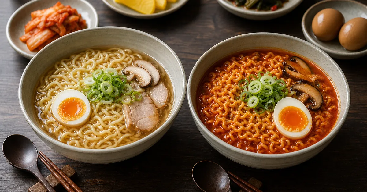 일본식 라멘과 한국식 매운 라면의 면발과 국물을 나란히 비교한 점심 상차림