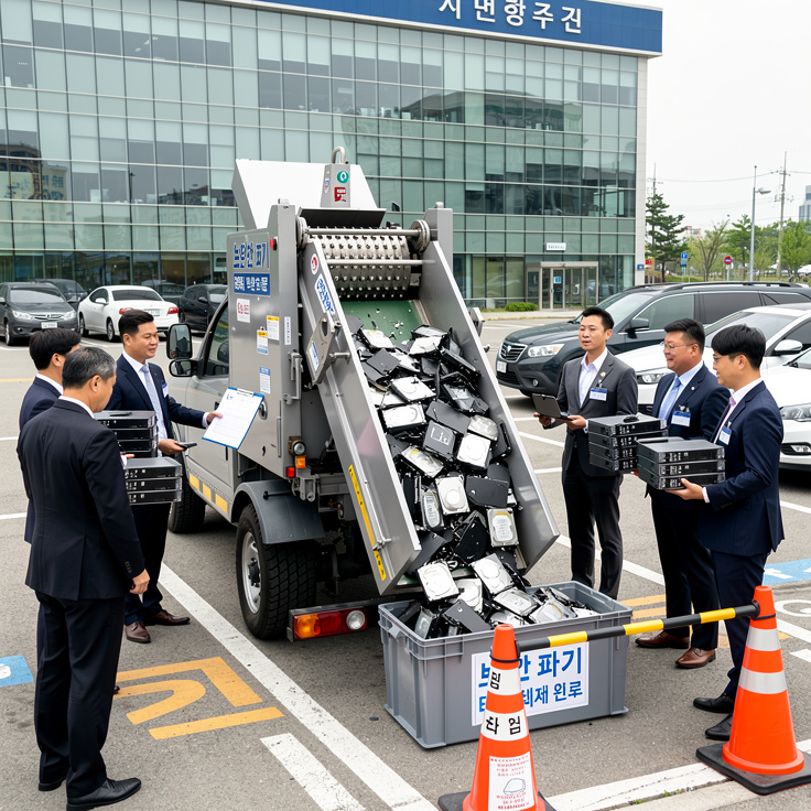 한국 사무실에서 안전한 데이터 파기 위해 하드디스크 파쇄 작업을 진행하는 모습