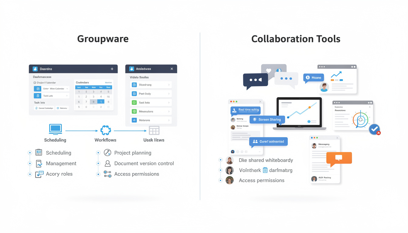 그룹웨어와 협업툴의 차이점을 비교하는 인포그래픽 이미지