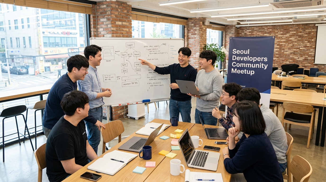 한국 개발자들이 함께 모여 열정적으로 문제 해결하며 네트워킹하는 모습