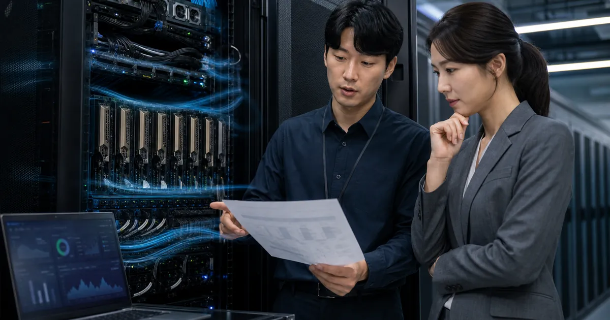 GPU 서버 비용 최적화 검토를 위해 GPU 서버 랙과 커널 성능 대시보드를 확인하는 인프라 회의 장면