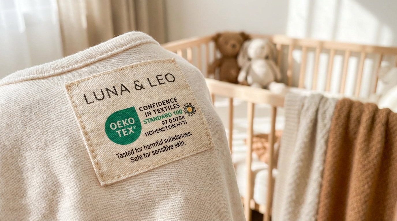 오코텍스 1등급 인증 마크가 부착된 아기 옷 라벨과 포근한 아기 방 배경