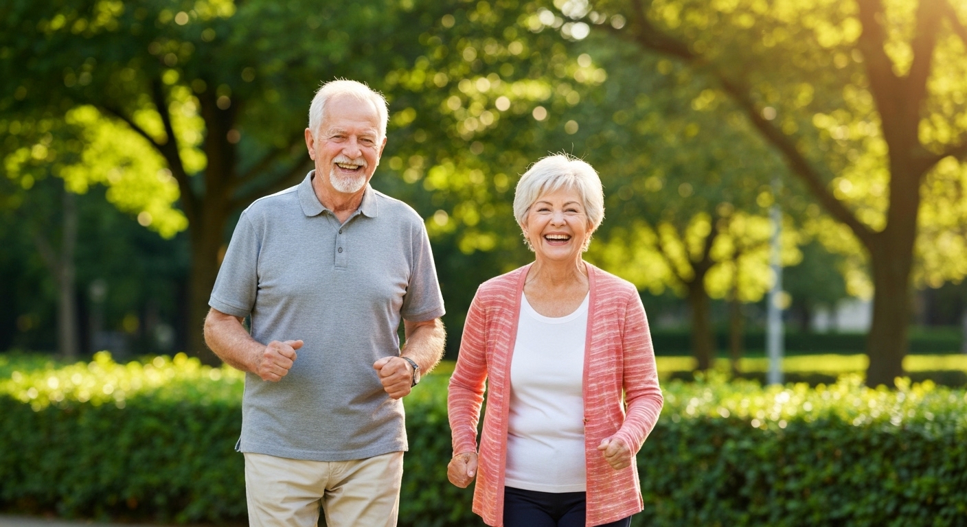 공원에서 가벼운 운동을 하며 건강한 노년을 보내는 노부부