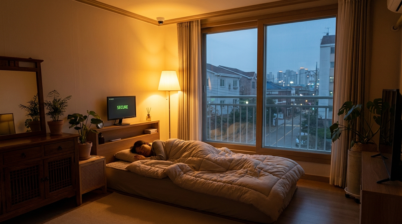 안전하게 보안된 한국 가정에서 편안히 잠든 사람을 보여주는 이미지