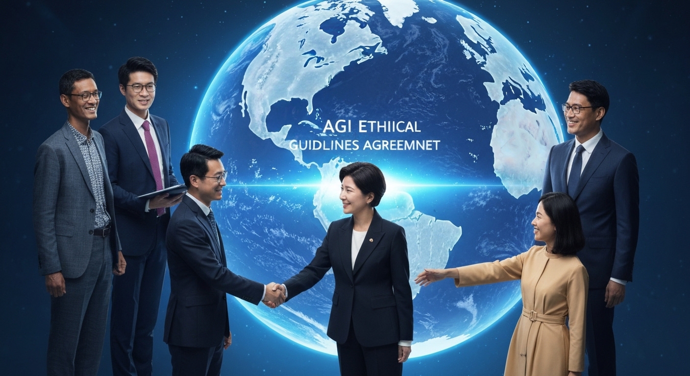 AGI 윤리 가이드라인에 대한 국제 협력을 상징하는 다국적 대표들의 협력 모습