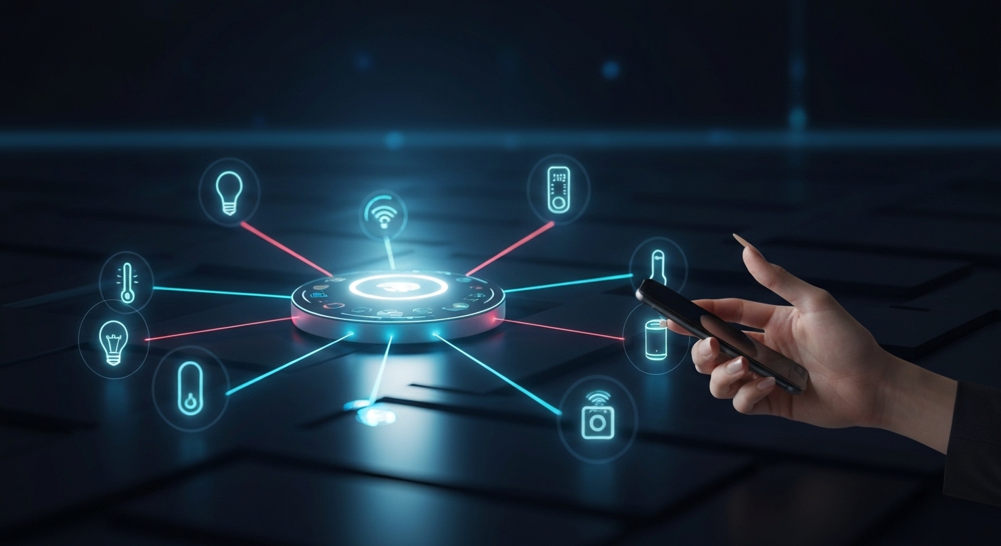 스마트 기기, 허브, 플랫폼이 유기적으로 연결된 스마트 홈 IoT의 핵심 개념을 시각적으로 표현한 이미지