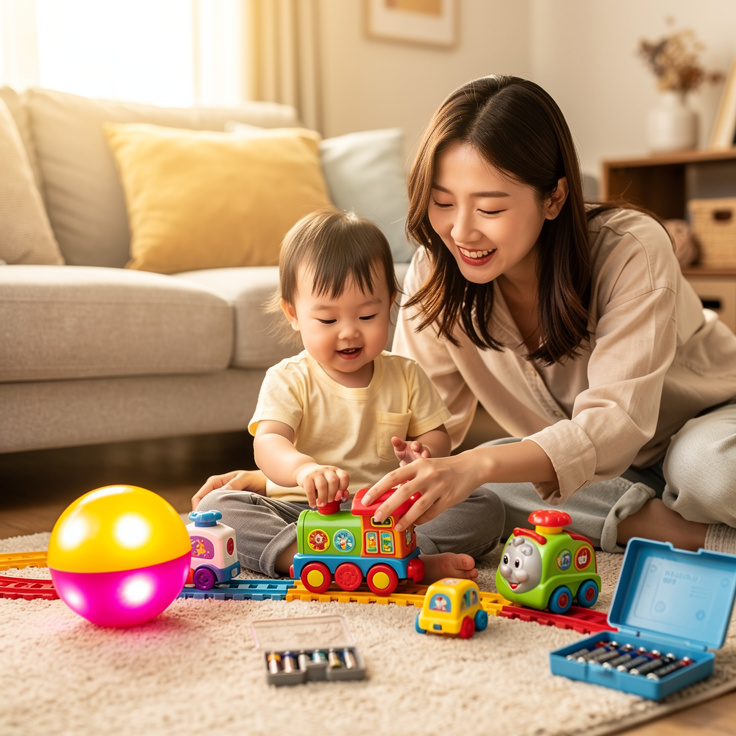 아이가 가까이 있는 엄마와 배터리로 작동하는 장난감들이 있는 집안 풍경