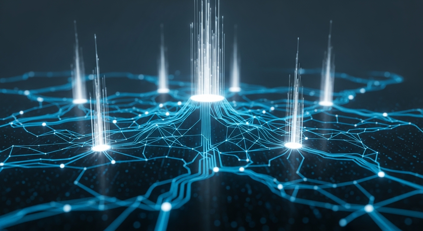 AI 신경망이 전 세계 데이터를 분석하여 위협을 탐지하는 모습