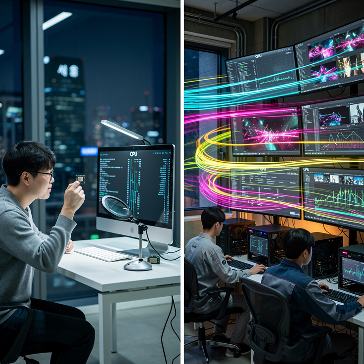 CPU와 GPU의 영상편집 가속 비교를 한국적 배경으로 표현한 이미지