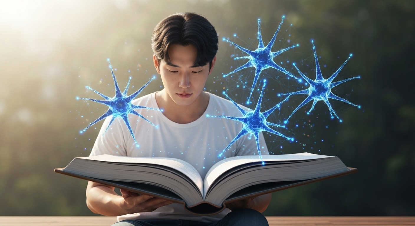 대규모 언어 모델 개념을 나타내는 책과 신경망 이미지