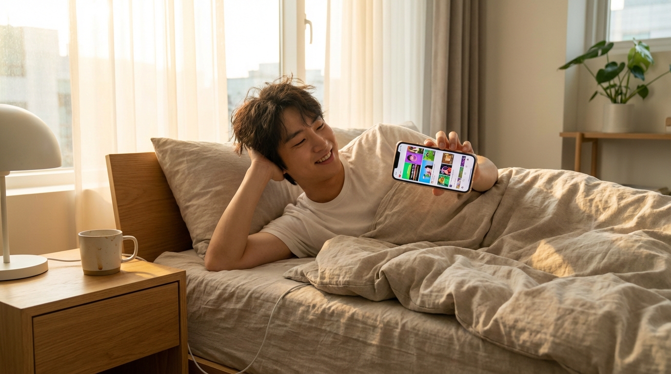 한국인이 아침에 스마트폰으로 숏폼 영상을 보는 모습