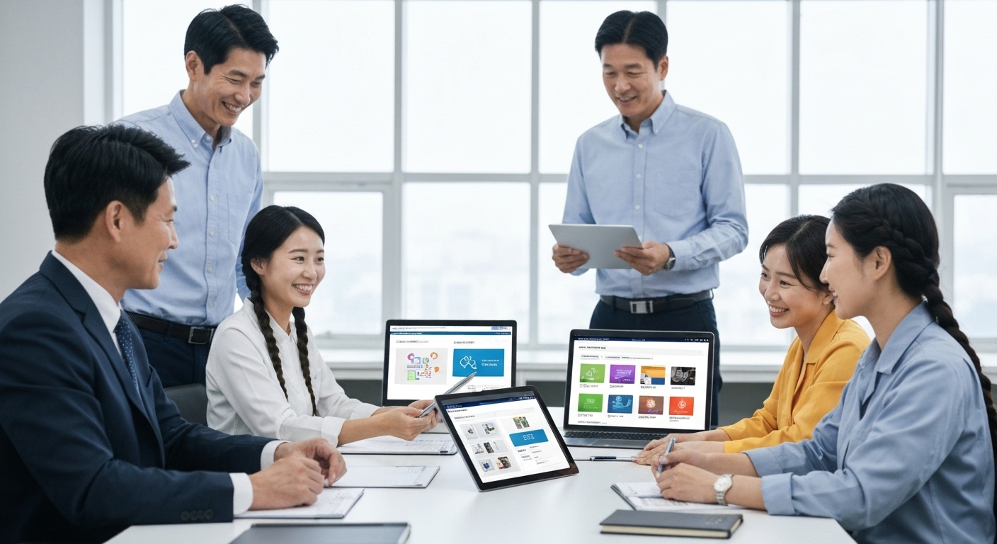 중소 제조업체 팀이 ERP 모듈 화면을 보며 협업하는 한국의 밝은 사무실 내부 모습