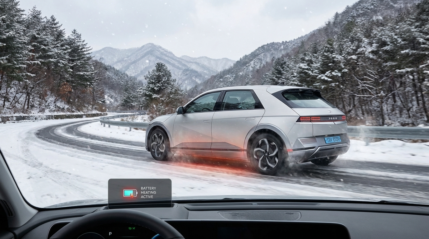 한국 겨울 산길을 주행하는 전기차와 배터리 히트펌프 작동 모습