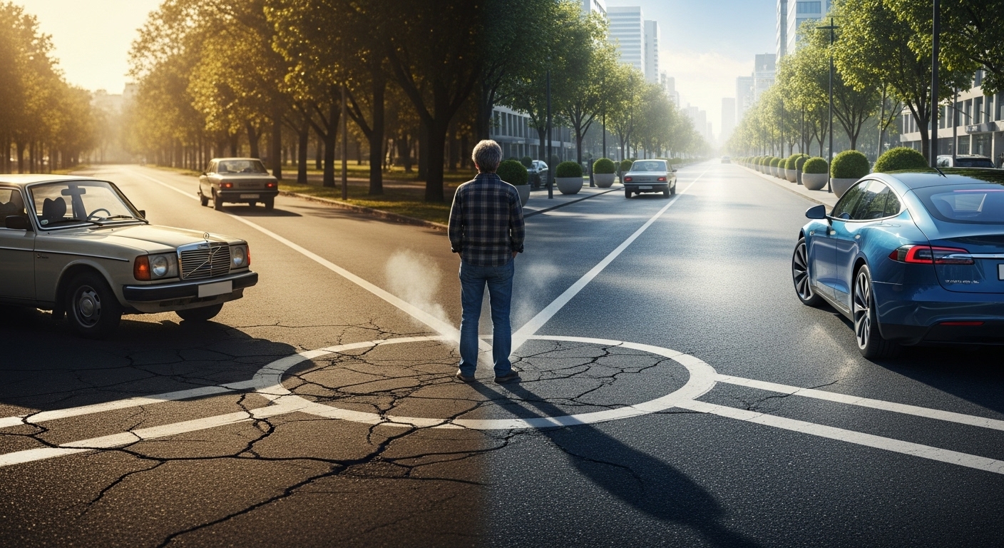 갈림길에 서서 자신의 낡은 경유차를 보며 DPF 장착과 조기폐차 사이에서 고민하는 운전자