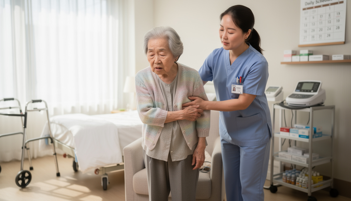 한국 요양보호사가 노인을 전문적으로 돌보는 모습