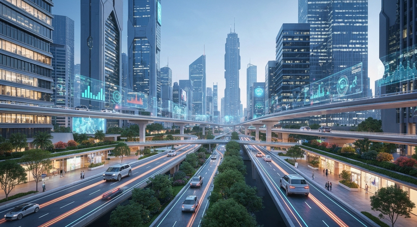첨단 기술과 자연이 조화롭게 어우러진 미래형 스마트시티의 전경