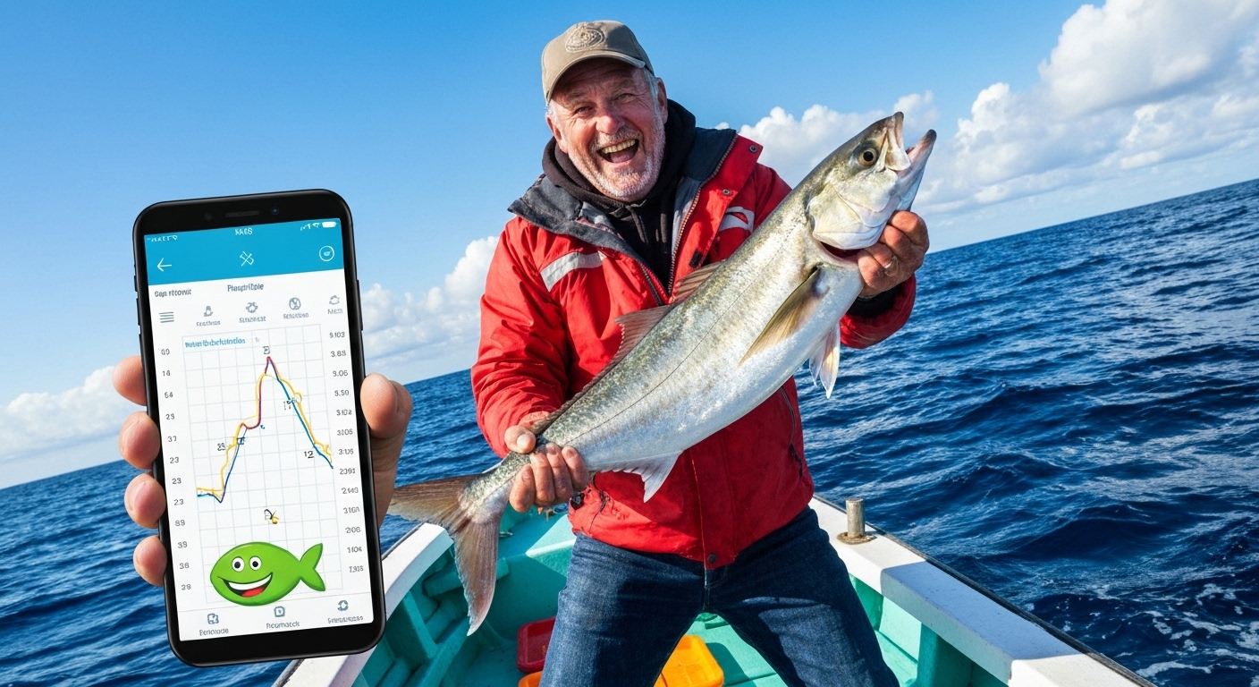 낚시 물때 앱으로 성공적인 낚시를 축하하는 낚시인