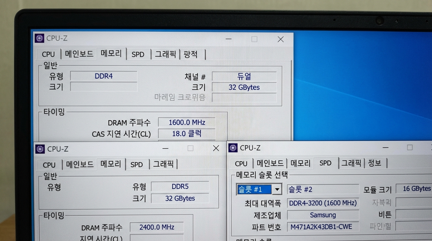 CPU-Z 프로그램 실행 화면과 램 슬롯 정보 표시