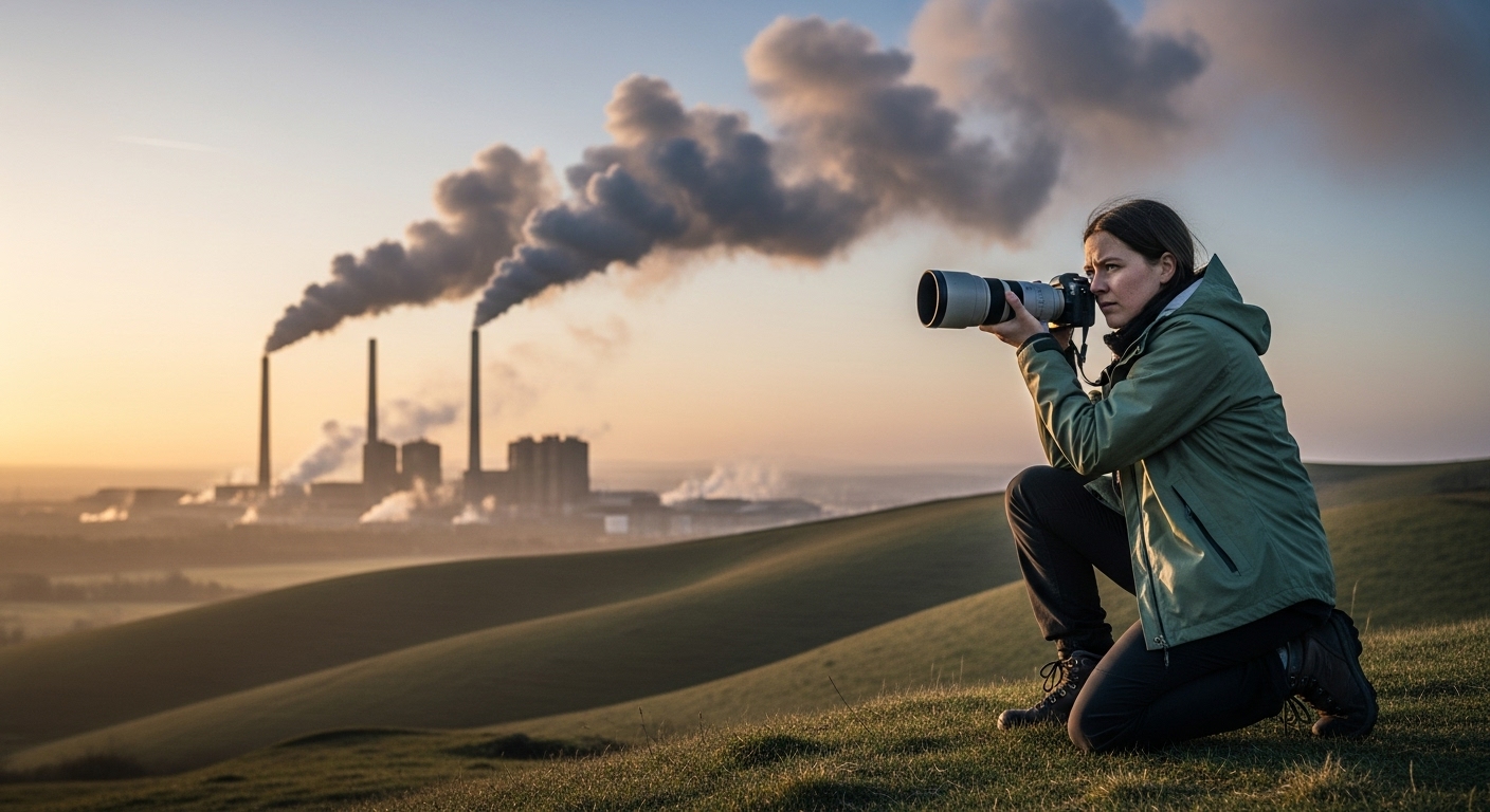 환경운동가가 공장에서 나오는 연기를 감시하며 사진을 찍는 '환경 감시자'의 모습