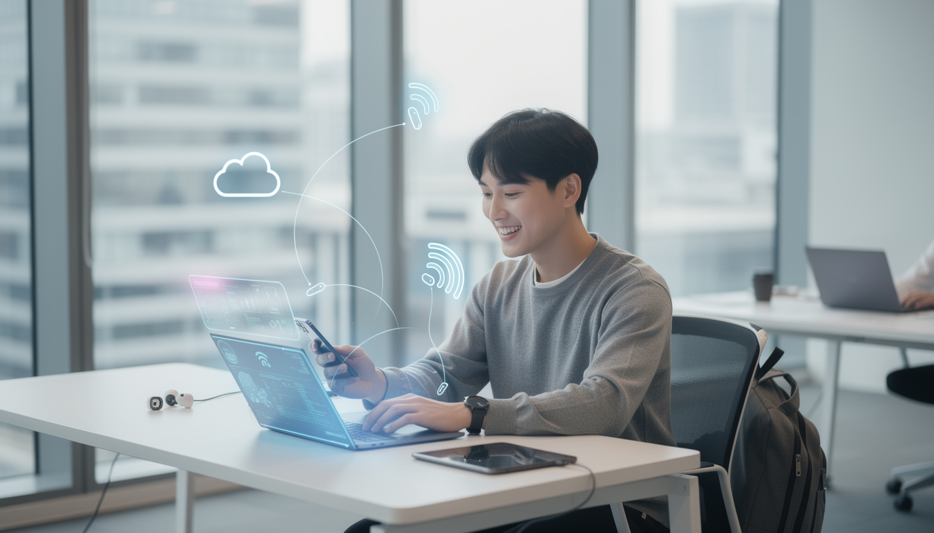 한국인 사무직 근로자가 하이브리드 근무 환경에서 언제 어디서나 접근할 수 있는 클라우드 그룹웨어를 사용하여 작업하는 모습
