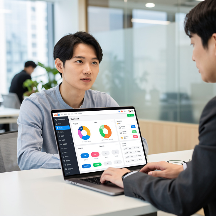 사용자 편의성을 강조한 한국 IT 전문가가 ERP와 그룹웨어 인터페이스를 테스트하는 모습