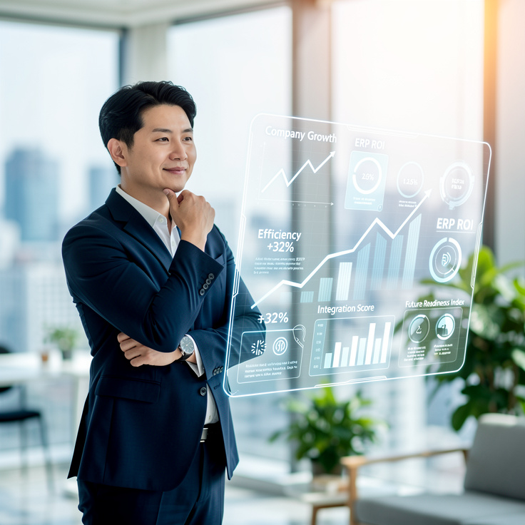 성장과 미래 대비를 상징하는 디지털 대시보드를 바라보는 한국 스타트업 대표의 모습