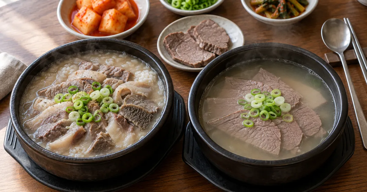 소머리국밥과 곰탕을 나란히 놓고 고기 부위와 맑은 국물 차이를 비교한 한식 점심 상차림