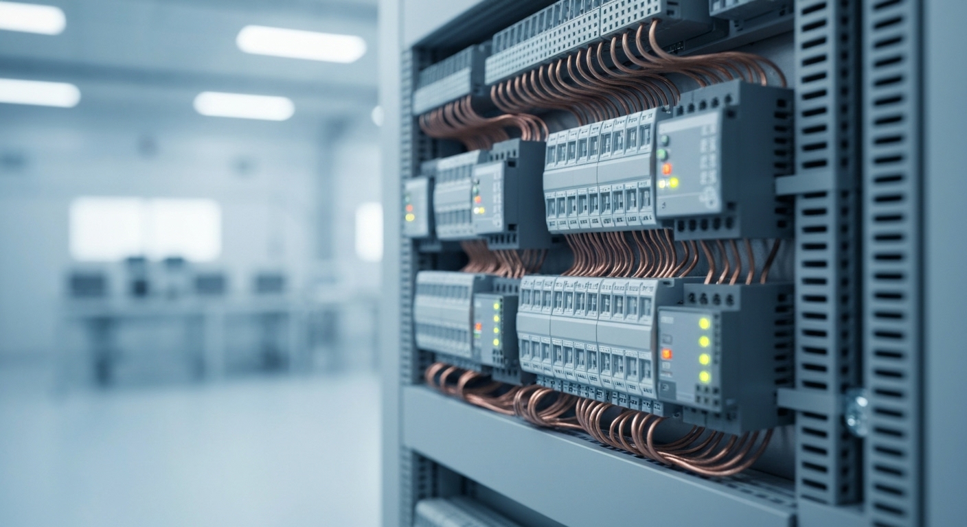 현대 산업 자동화 제어 패널과 PLC 하드웨어 모듈의 실사 이미지