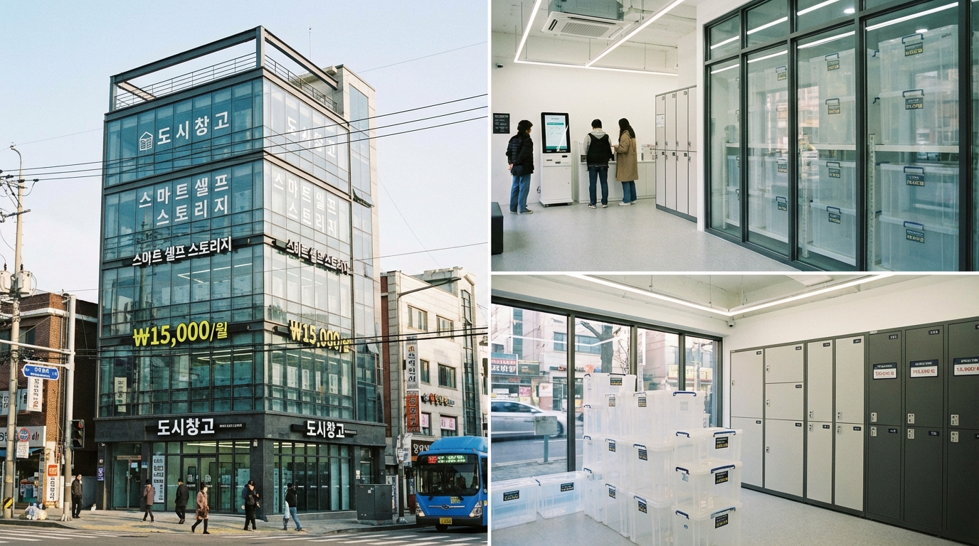도심에 위치한 현대적인 소형 셀프스토리지 시설과 가격표 모습