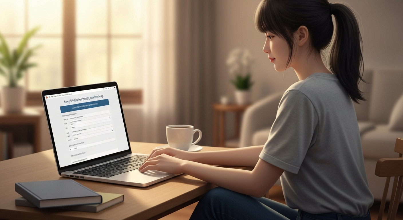 집에서 노트북으로 국가장학금 온라인 신청하는 한국 학생