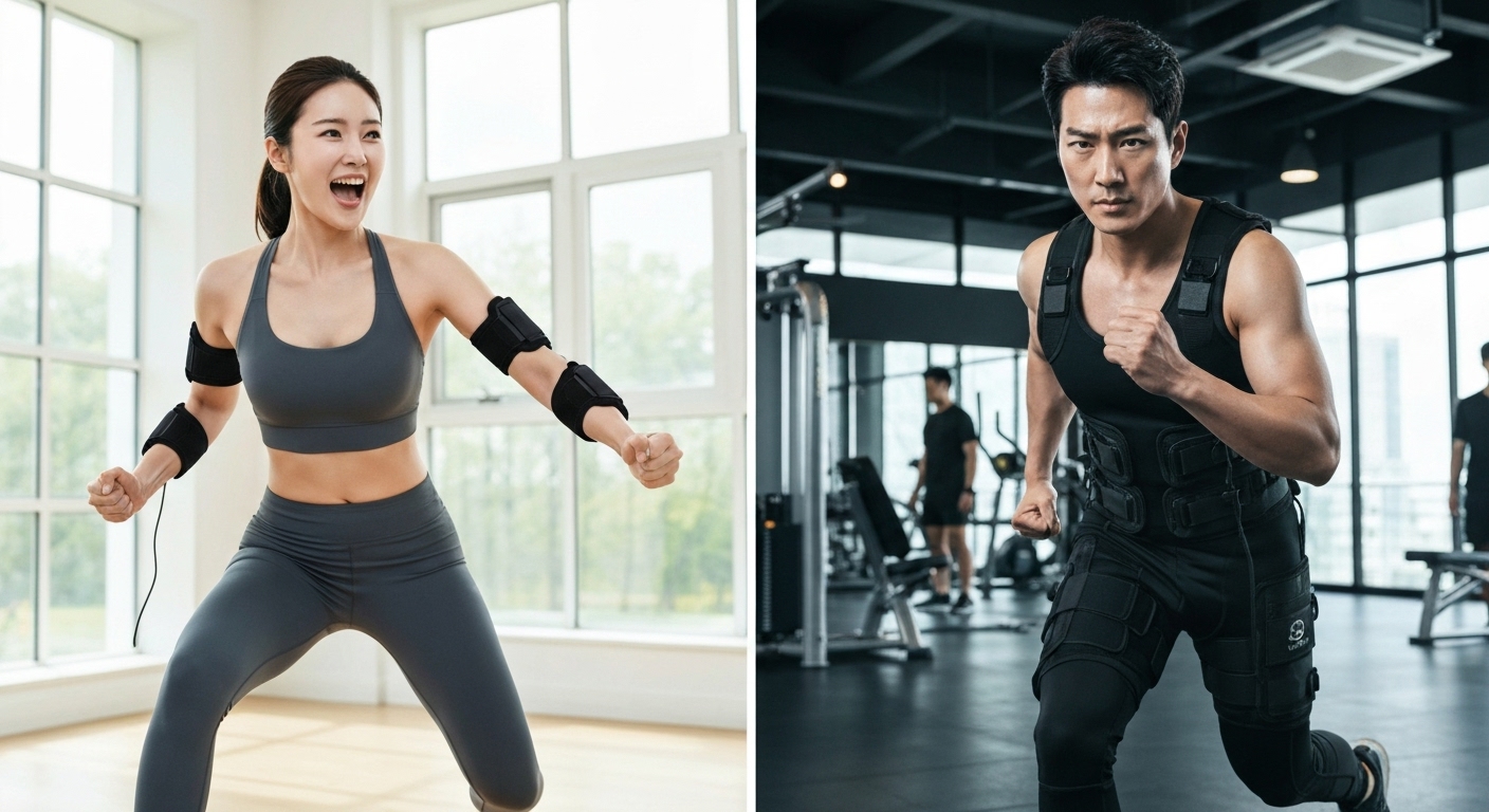 한국에서 사용하는 가정용 EMS 벨트와 전문가용 전신 EMS 수트 비교 이미지