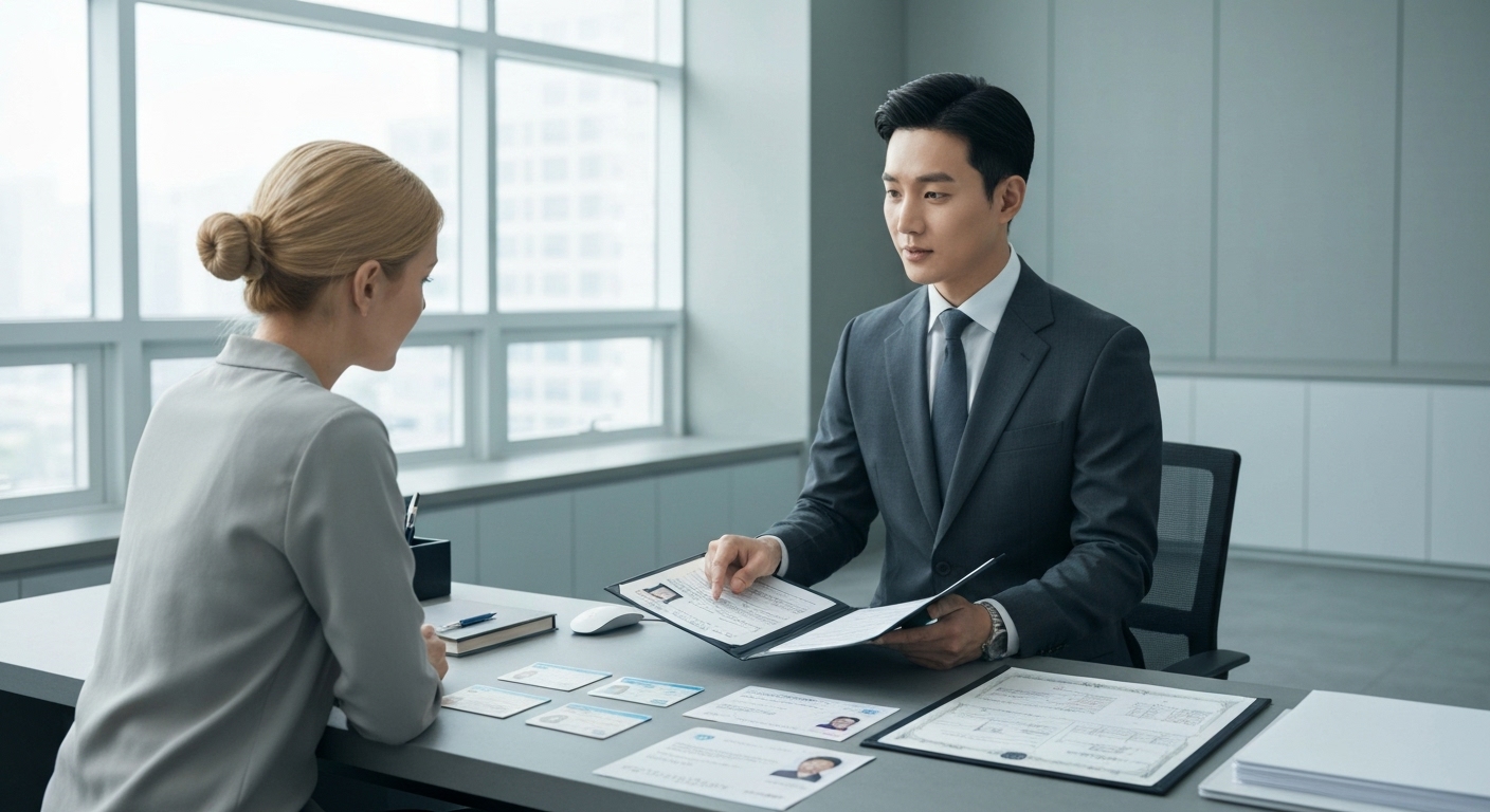 한국 은행 대출 담당자가 필요한 서류를 설명하는 모습