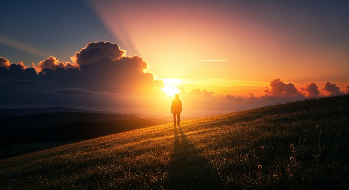 빚의 무게를 벗고 새로운 시작을 다짐하는 한 사람의 희망적인 뒷모습