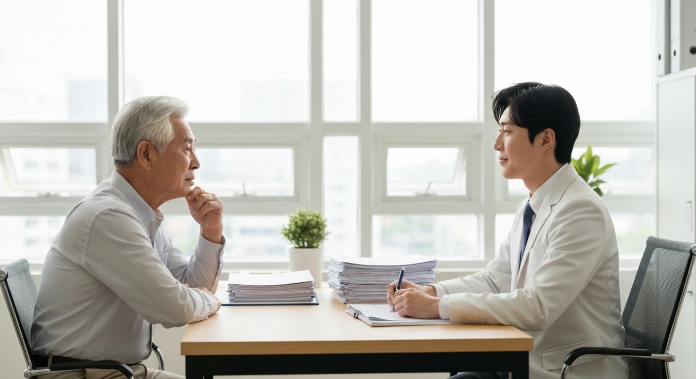 한국 노인이 민간 간병 보험 상품에 대해 보험 상담을 받는 모습