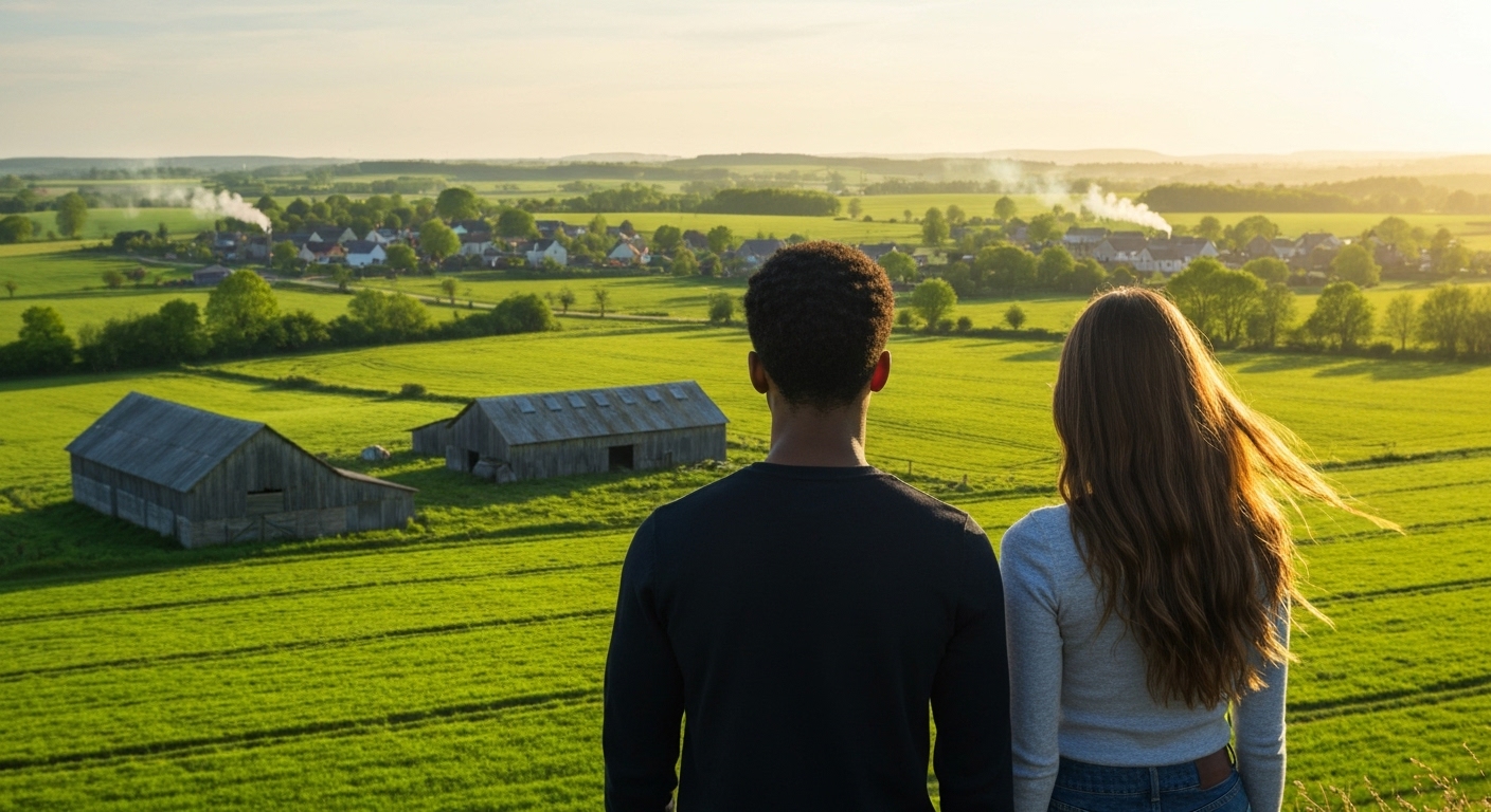 도시를 등지고 떠오르는 태양과 함께 펼쳐진 농촌 풍경을 바라보는 젊은 부부의 뒷모습