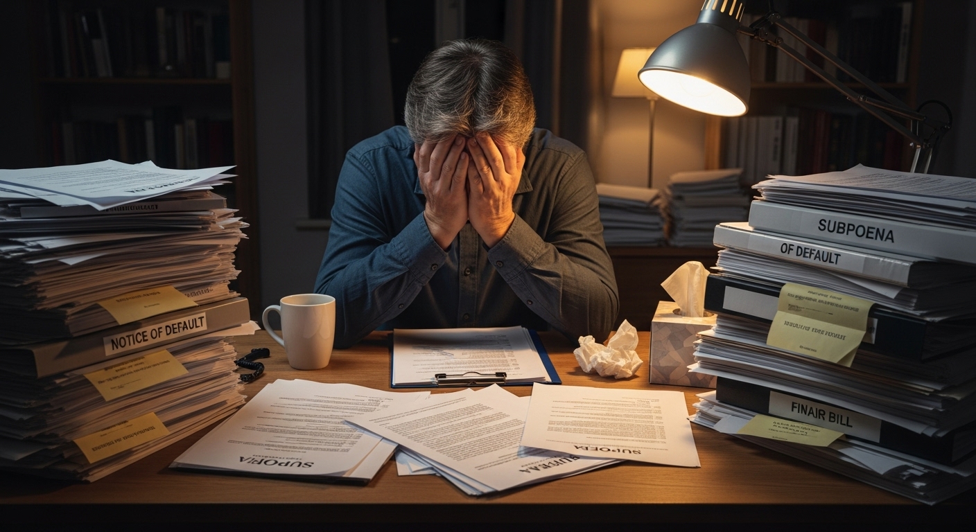 막막한 법률 문제로 책상에 앉아 고뇌하는 사람